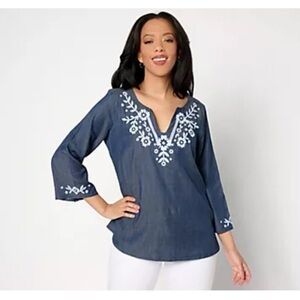 Susan Graver Denim Blue Top with White Floral Detail